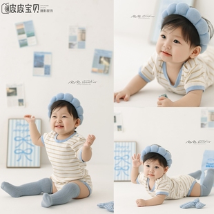 儿童摄影服装极简纪实风蓝白条纹宝宝百天照周岁照拍照服装道具