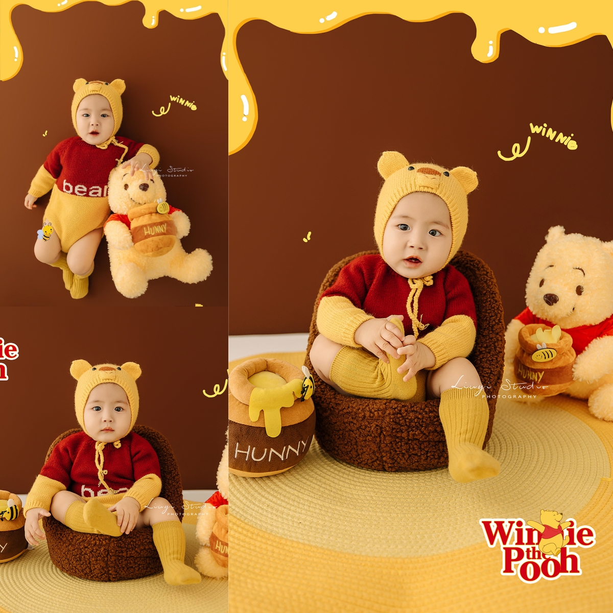 儿童摄影服装卡通维尼熊针织连体衣宝宝百天照周岁照拍照服装