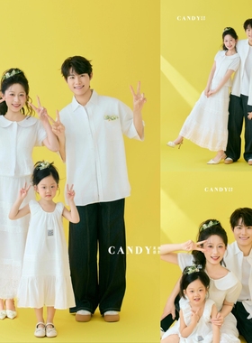 亲子摄影服装白色连衣裙黄色系亮色一家三口拍照服装影楼摄影道具