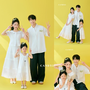 亲子摄影服装白色连衣裙黄色系亮色一家三口拍照服装影楼摄影道具