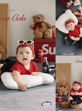 百天周岁摄影服装可乐主题拍照帽婴儿红色帽子杰伦美式宝宝百天照