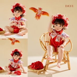 儿童摄影服装红色簪花主题宝宝周岁照拍照服装影楼女孩一岁生日照