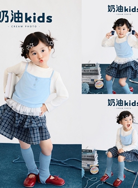 儿童摄影服装韩杂风少女拍照服装学院风蓝色针织背心格子裙拍照