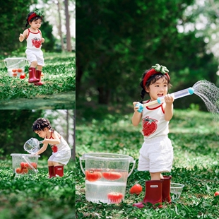 儿童摄影服装女孩夏天番茄派对主题户外水桶玩水影楼室外拍照道具