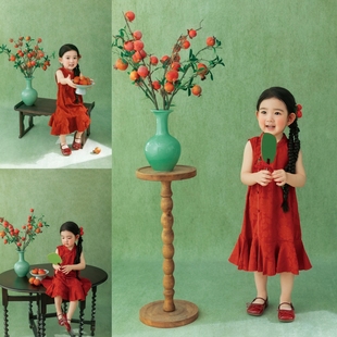 新年儿童摄影服装石榴主题新中式旗袍女童红色旗袍影楼拍照写真照