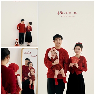 全家福亲子装红色麻花毛衣主题摄影服装新年亲子一家三口拍照衣服