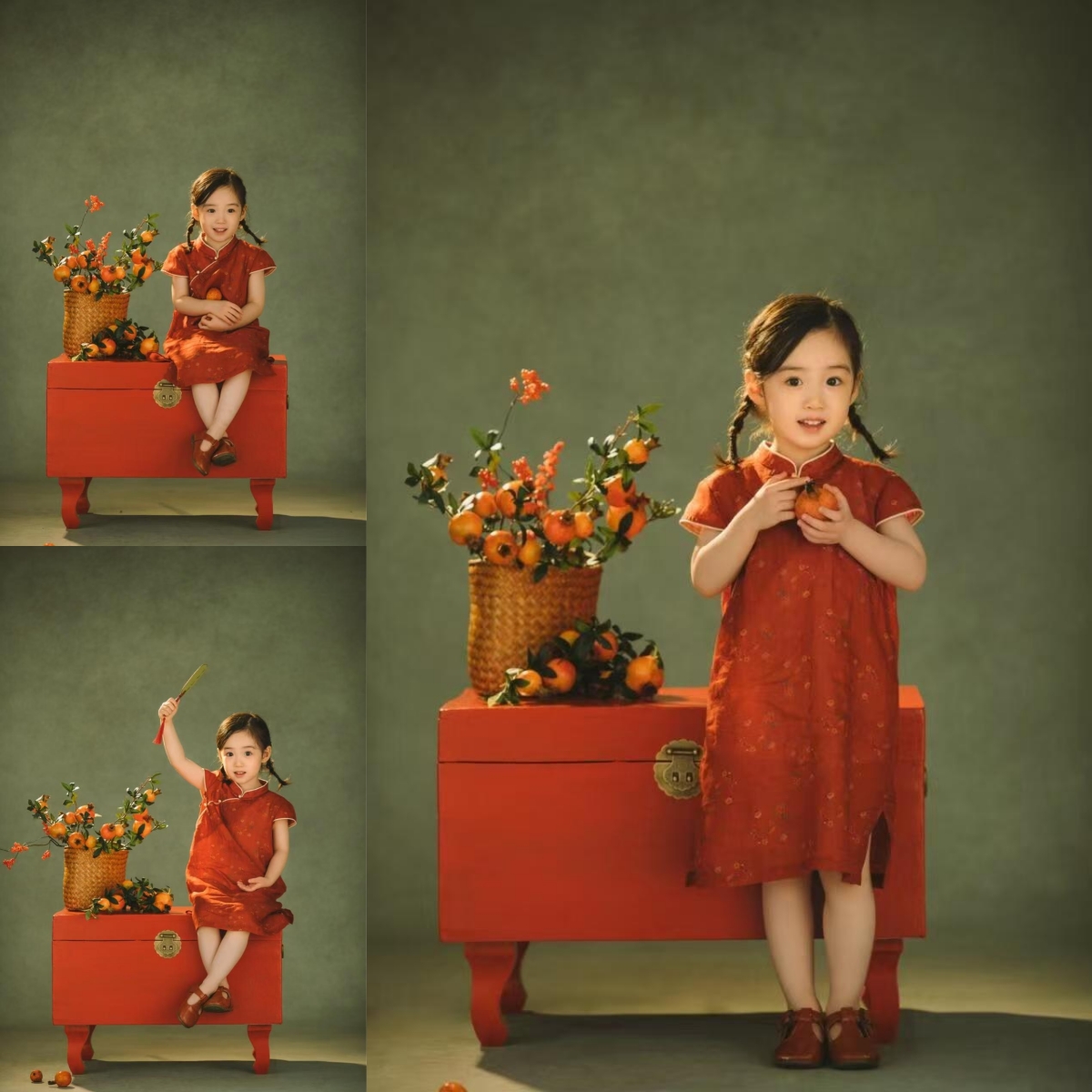 儿童摄影服装新年红色女童盘扣旗袍新中式小女孩古风民国风连衣裙