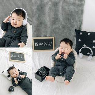 新款儿童摄影服装ins灰色纪实风男宝宝百天照周岁照拍照服装道具