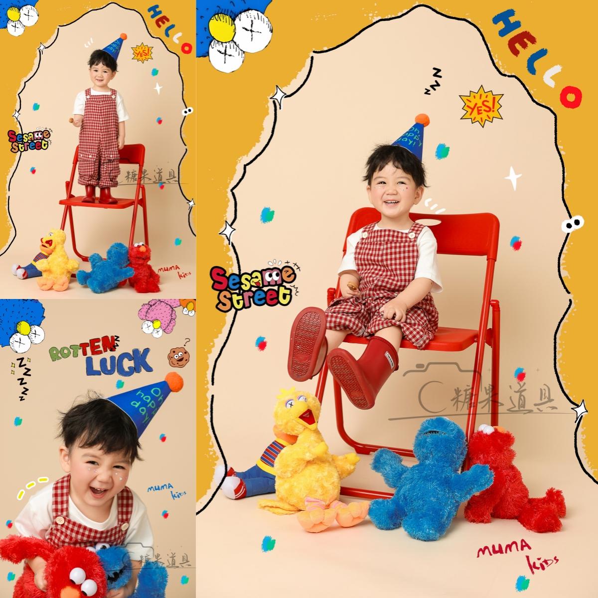 儿童摄影服装芝麻街格子背带裤男女写真艺术照服装影楼拍照主题