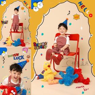 儿童摄影服装芝麻街格子背带裤男女写真艺术照服装影楼拍照主题