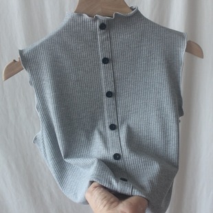 性感女装 显瘦短背心大码 内搭 秋冬修身 半高领木耳边螺纹纽扣打底衫