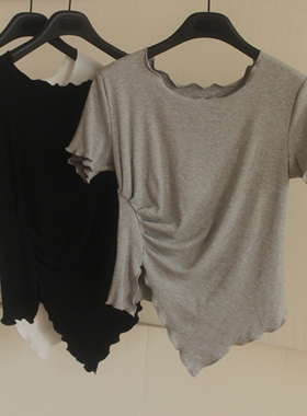 莫代尔木耳圆领T恤女 遮肚腩显瘦胖子大码港风上衣 夏季短袖开叉