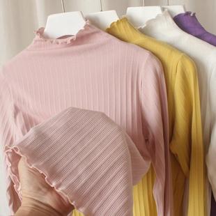 胖子大码 竖条加绒保暖t恤纯棉秋衣 半高领木耳打底衫 秋冬内搭长袖
