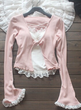 甜辣蕾丝假两件针织衫喇叭长袖撞色吊带内搭扭结显瘦修身T恤纯欲