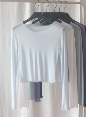修身短款圆领长袖网纱T恤女夏季百搭轻薄速干打底衫冰丝防晒内搭