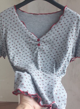 洋气V领休闲短袖T恤女士胖子大码修身显瘦碎花莫代尔针织居家小衫