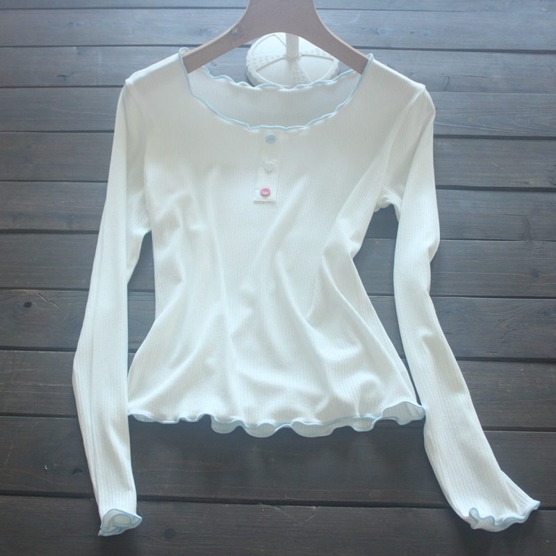 莫代尔修身螺纹长袖T恤圆领木耳边大码秋季打底衫外穿显瘦内搭女,女装/女士精品,T恤,淘宝优惠券,粉丝福利购,淘宝优惠卷