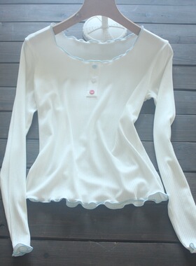 莫代尔修身螺纹长袖T恤圆领木耳边大码秋季打底衫外穿显瘦内搭女