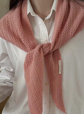 韩版小众纯色三角形披肩女春夏洋气护颈系脖子针织小围巾含羊毛