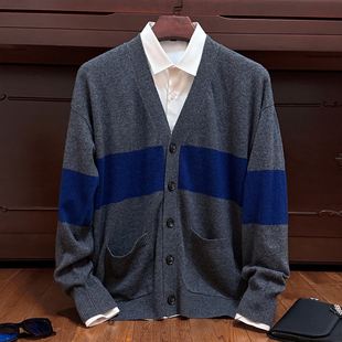 秋冬季新款男士100纯羊绒开衫V领加厚时尚拼色条纹青年毛衣外套男
