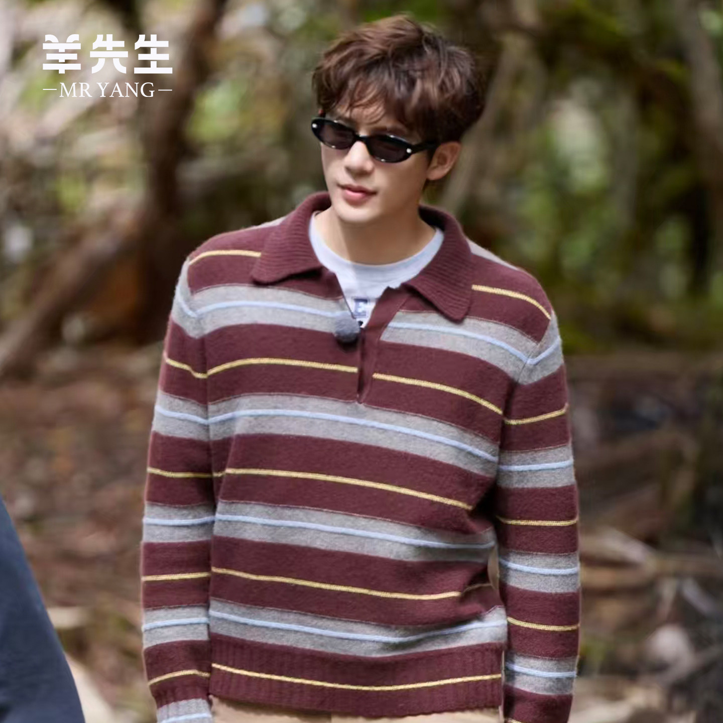 明星同款男士羊绒衫100纯羊绒POLO领复古条纹毛衣秋冬翻领针织衫