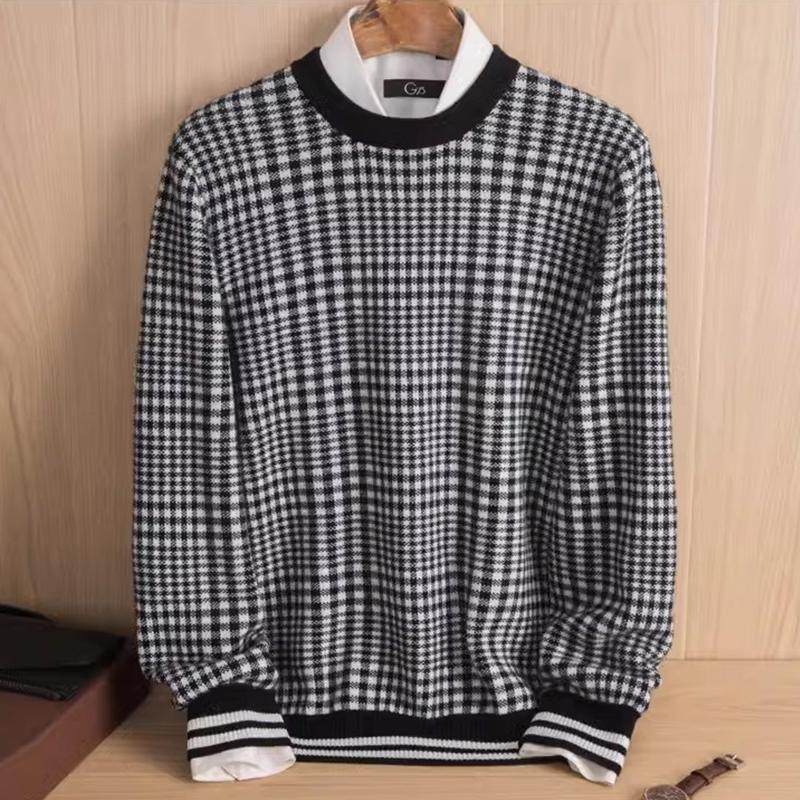 《现货清仓》格子圆领羊绒衫男100纯羊绒时尚青年保暖毛衣针织衫