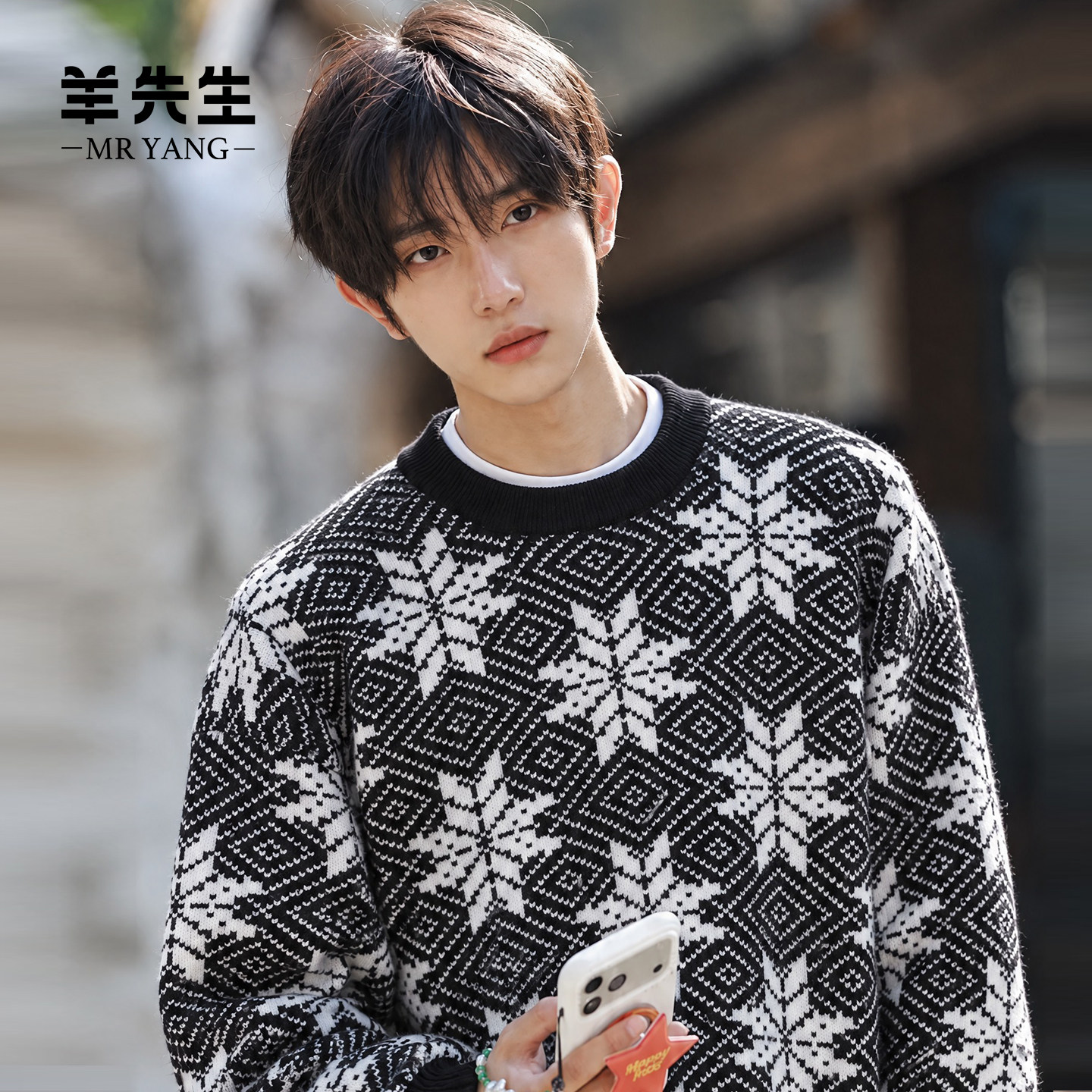 费尔岛雪花加厚保暖男士羊绒衫