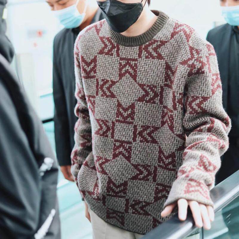 冬季棱形格子三股加厚保暖男士羊绒衫圆领撞色100纯羊绒青年毛衣