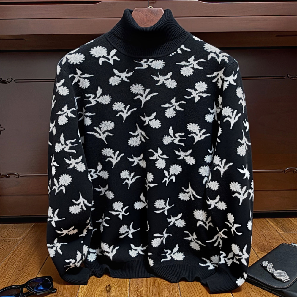套头翻领羊绒衫男士时尚花卉图案