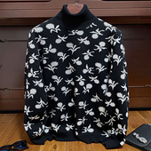 宽松保暖时尚 明星同款 高领羊绒衫 男士 花卉图案男青年翻领毛衣 冬季