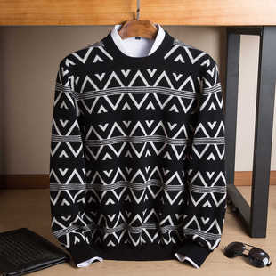 双股加厚100%山羊绒衫男冬季圆领提花毛衣男纯羊绒黑白撞色打底衫