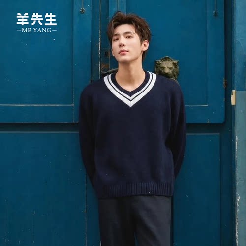 秋冬撞色V领男士羊绒衫青年上衣