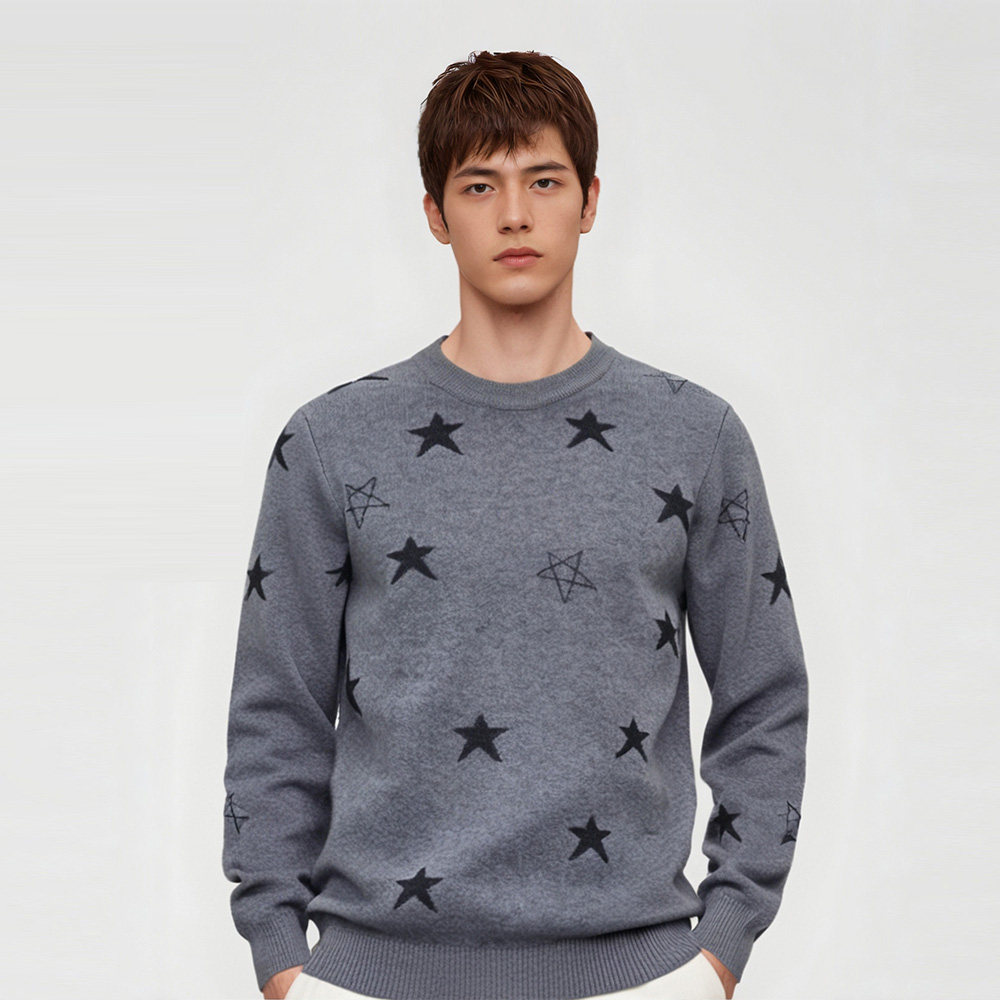 星星图案圆领高端羊绒衫男100纯羊绒2025秋冬新款针织套头毛衣潮