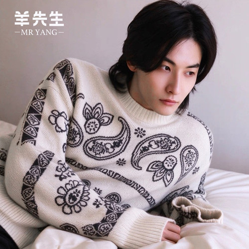 涂鸦圆领羊绒衫男青年100纯羊绒
