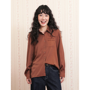 化学少女「棕风旧梦」棕色合肩长袖压褶衬衫女秋冬氛围感复古上衣