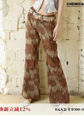 化学少女H2「乐土乐队」复古印花喇叭裤女高腰显瘦休闲裤2025新款