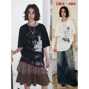 化学少女×NANA联名 复古宽松印花刺绣短袖T恤设计感修身显瘦上衣