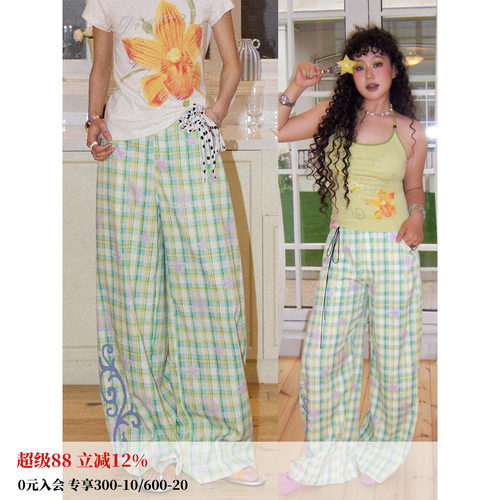 松紧腰格子撞色印花宽松直筒裤女