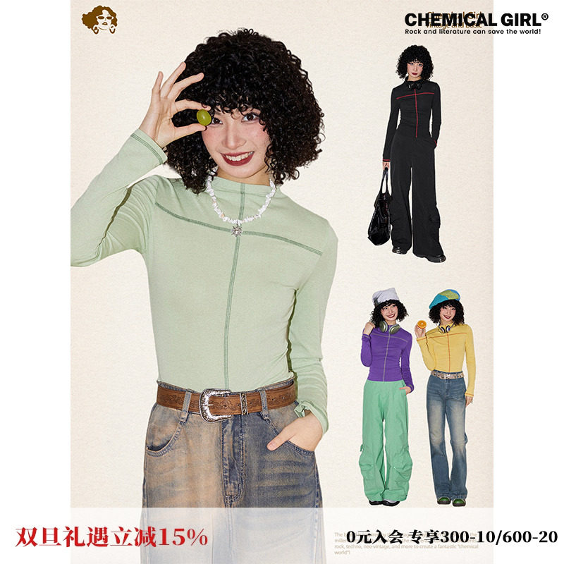 化学少女高领撞色线迹长袖T恤