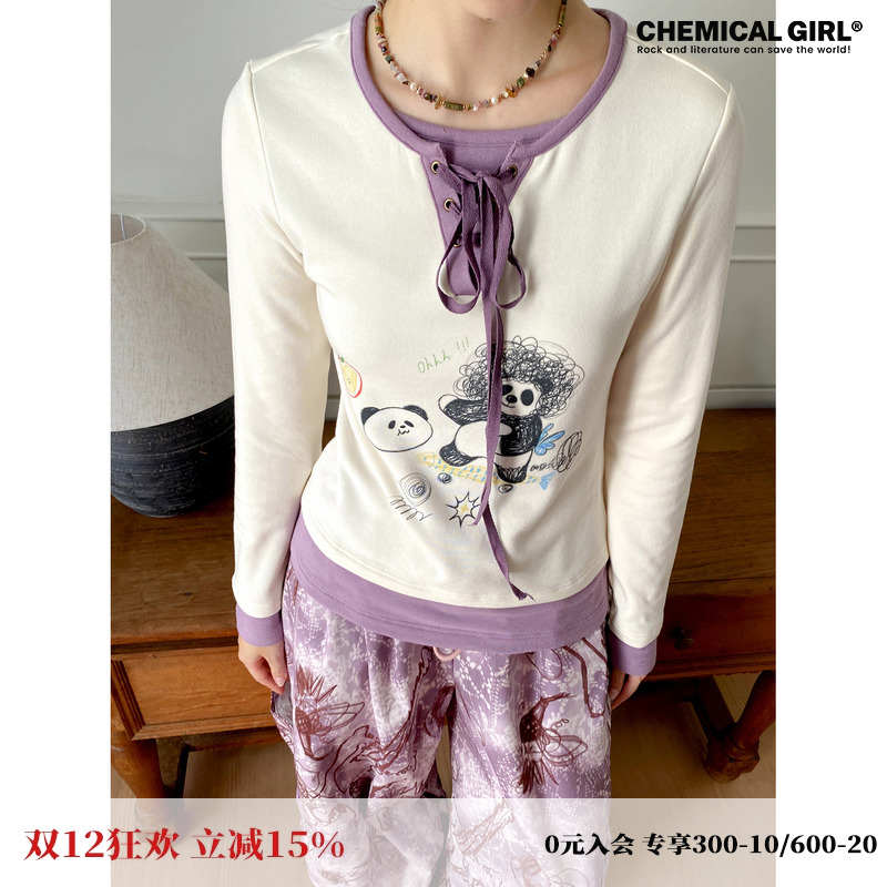化学少女「爆炸熊猫」2025年春季假两件印花打底衫长袖T恤上衣