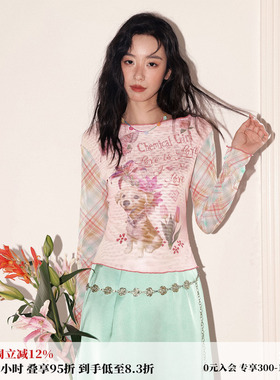 化学少女「小狗画报」一字肩卷边印花复古俏皮网纱长袖T恤女上衣