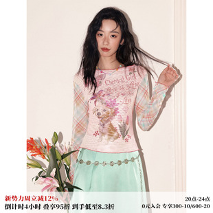 化学少女「小狗画报」一字肩卷边印花复古俏皮网纱长袖 T恤女上衣