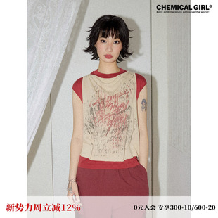 化学少女「无趣胶片」 复古显瘦T恤上衣 红色假两件荡领背心女夏季
