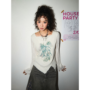 化学少女「雾雨森林」方领复古印花修身打底衫秋装长袖T恤上衣女