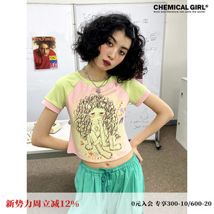 短款 化学少女「爆炸甜心」 T恤插肩袖 噪音女孩印花短袖 上衣 夏季