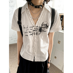 衬衫 V领短款 印花捏褶正肩短袖 化学少女「摇滚诗社」夏季 显瘦上衣