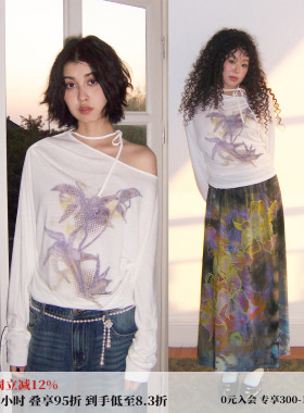 化学少女 「雾兰集」兰花印花斜肩系带长袖T恤女气质遮肉显瘦上衣