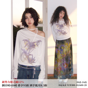 化学少女 T恤女气质遮肉显瘦上衣 「雾兰集」兰花印花斜肩系带长袖