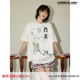化学少女「噪点鼓手」模糊大小女孩印花短袖 T恤女夏潮酷宽松上衣