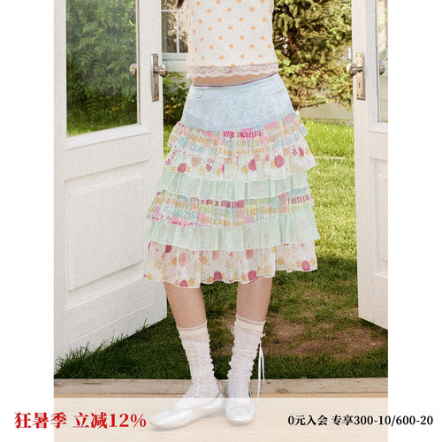 缎面拼接碎花满印蛋糕短款半裙